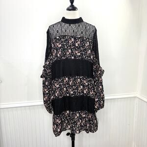 Whimsigoth Fairy Grunge Size L Dress Floral Sheer Lace Peasant Cottage Prairie